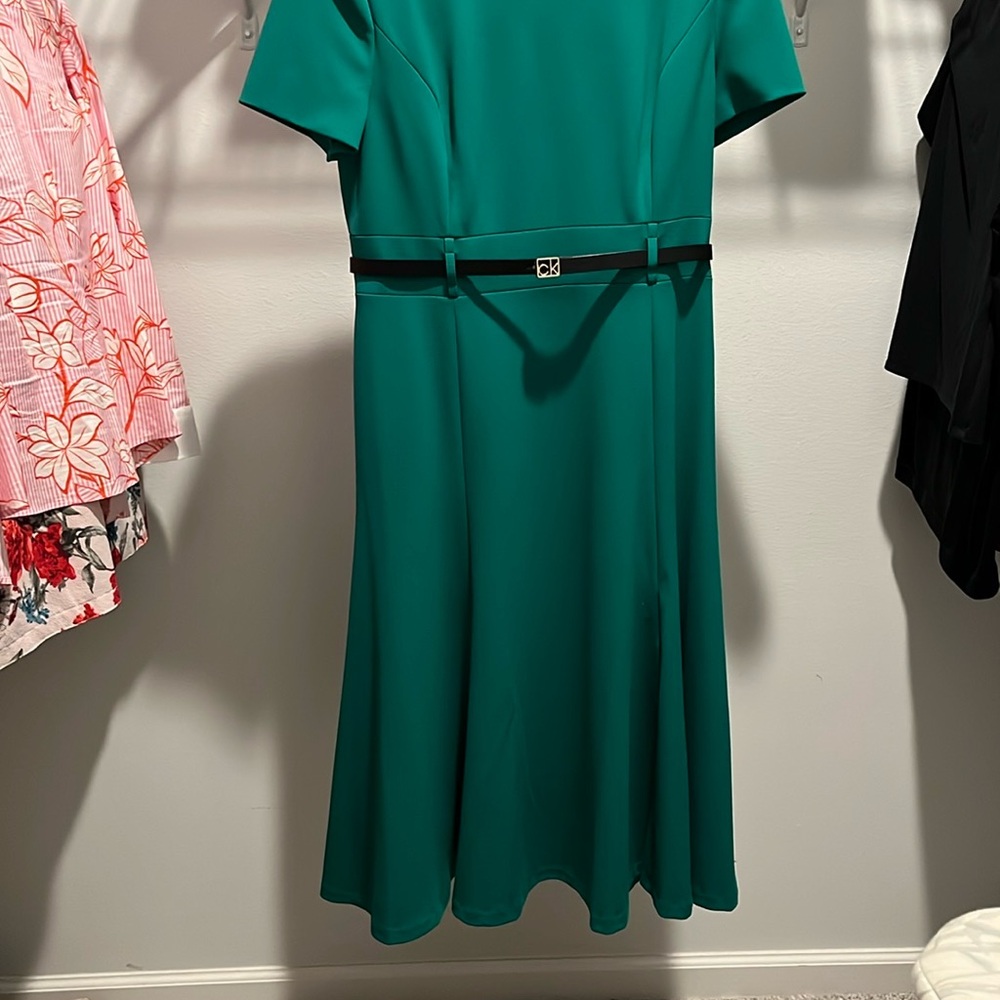 Calvin Klein Green A-Line Midi Dress Crew Neck Short Sleeve